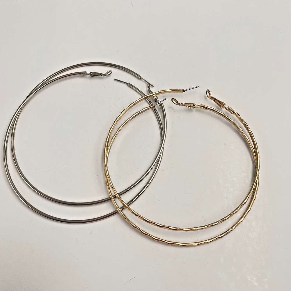 Vintage Y2K Gold/Silver Tone Huge Hoop Earrings Set 2 Pairs Fashion Jewelry Boho